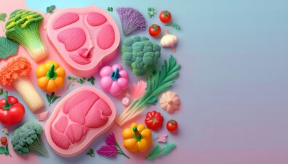 3D illustrations of meat, vegetables, bell peppers, tomatoes, onions, garlic and herbs in cute low polygon shapes in pastel colors.