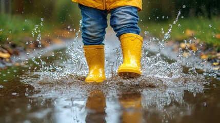 Yellow Rain Boots Splashing in Puddle on Rainy Day