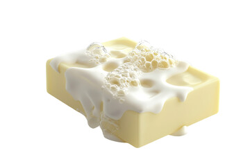 Melted soap bar with foamy bubbles on top, isolated on a transparent background. emphasizing cleanliness, hygiene, and bath time.