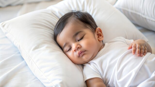 Sleeping Indian Baby - Top view of an Indian baby sleeping peacefully with a white pillow.
 - Powered by Adobe
