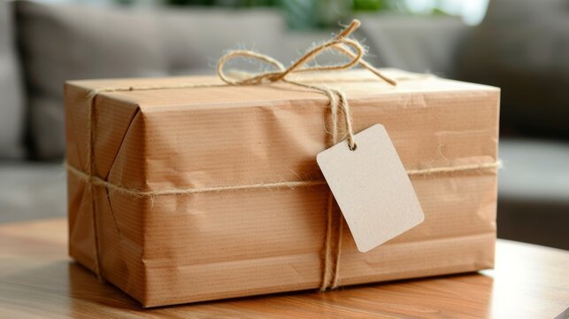 Unmarked cardboard package bound with string resting on a table, awaiting attention