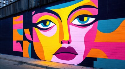 Vibrant mural depicting an artistic face with bold colors and striking features, perfect for urban art themes.