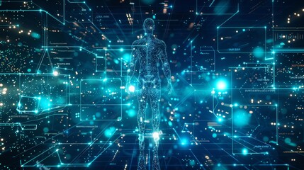 Detailed human body outline illustrating circulatory system and brain neural networks