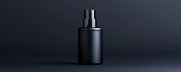 Minimalist black cosmetic spray bottle on a dark background. Concept of luxury beauty products, skincare, and modern packaging.