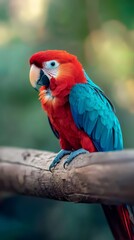 Obraz premium A red-and-blue parrot perches on a tree branch against a hazy backdrop of trees
