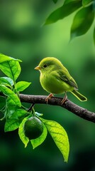 Obraz premium A small green bird perches on a leafy tree branch, holding a green apple against its backdrop