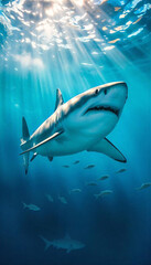 Obraz premium Shark in the blue sea wallpapers for I pad, Notebook cover, I phone, tab mobile high quality images