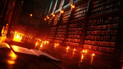 A serene library scene illuminated by candlelight, featuring rows of books and an open book on a wooden floor.