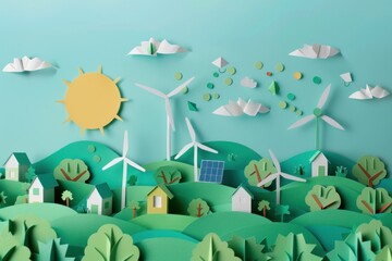 Fototapeta premium eco friendly landscape, renewable energy, green technology, sustainable living, whimsical paper art design featuring wind turbines and solar panels on rolling hills