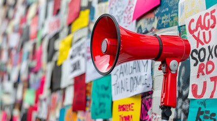 Red megaphone in front of a colorful wall covered in posters and notes, symbolizing activism and public speaking.