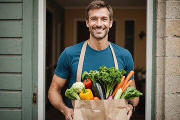 Fototapeta premium portrait of Smiling man holding paper bag full of vegetables at doorway