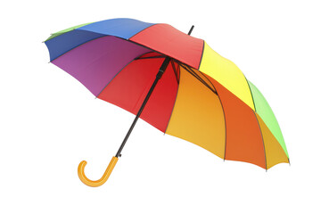 Vibrant rainbow-colored umbrella with multicolored segments, isolated on a transparent background. perfect for weather and accessory themes.