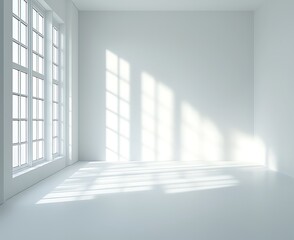 Obraz premium mpty whit room showcasing minimalist dcor through light and shadow.