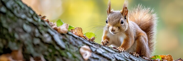 Fototapeta premium A tight shot of a squirrel perched on a tree branch, surrounded by falling leaves, with a tree as the backdrop