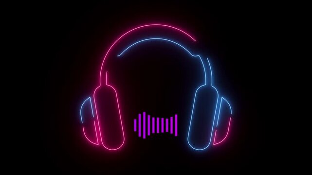 Glowing neon headphones icon animation on black background. Sound animation.	