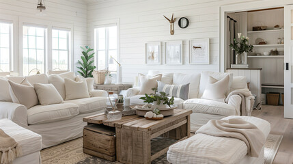 Living room with a modern farmhouse vibe, featuring a shiplap accent wall, cozy slipcovered furniture, and rustic wood elements.