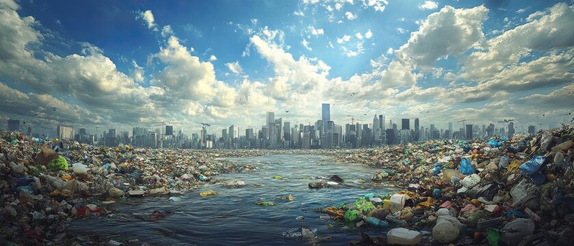 Overflowing garbage dumps plastic waste everywhere oceans drowning in trash urban decay pollution dominating the skyline global environmental crisis