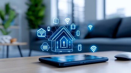 Smart home technology hologram displayed over tablet in modern living room. Concept of home automation and IoT devices.