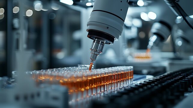 An automated liquid filling machine dispenses into test tubes, efficiency in action.