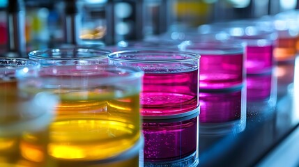 Vivid liquids swirl in glass beakers, representing the colorful world of scientific experimentation.
