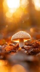  A tight shot of a mushroom on forest floor, dotted with leaves, sun illuminating tree trunks behind