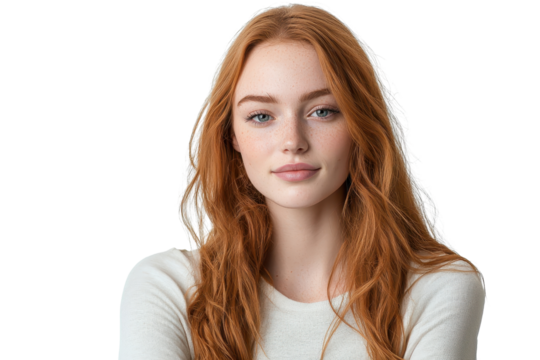 Young woman with red hair and a serene expression, wearing a white shirt, posing against a transparent background.