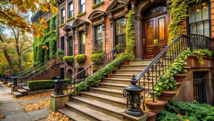 Fototapeta premium Classic Brooklyn brownstone building with ornate stoop, iron railing, and ivy-covered facade, surrounded by lush