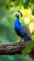 Fototapeta premium A bluebird perches atop a tree branch amidst a lush, green tree adorned with numerous leaves