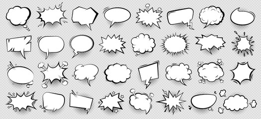 Retro hand drawn empty comic speech bubble, cloud text message box or sticker set with black halftone shadow in pop art cartoon style. Business communication symbol. Chat box, idea or quote balloon.