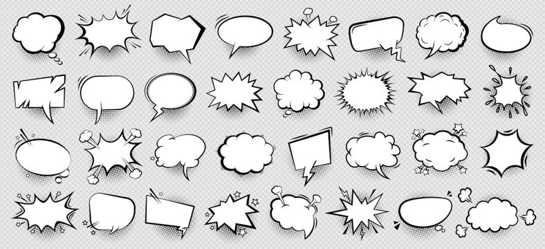 Fototapeta Retro hand drawn empty comic speech bubble, cloud text message box or sticker set with black halftone shadow in pop art cartoon style. Business communication symbol. Chat box, idea or quote balloon.