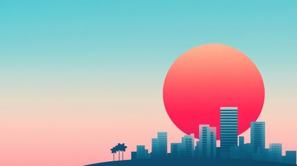 A minimalist and elegant illustration of a cityscape skyline with a simple sunset, focusing on the beauty of the silhouette and the glow of the sky.
