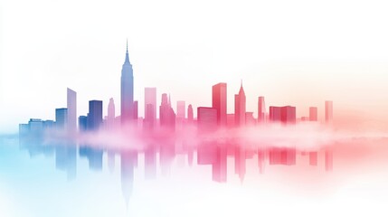Obraz premium A soft and ethereal watercolor illustration of a cityscape skyline, showcasing the gentle beauty of the city with flowing lines and subtle washes of color.