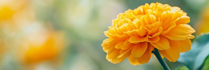 Fototapeta premium A tight shot of a yellow bloom against a backdrop of out-of-focus green foliage
