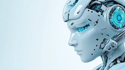 A futuristic robot head with glowing blue eyes and circuits represents the blending of technology and life.