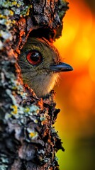  A bird closely peeks from a tree hole's opening, background softly blurred
