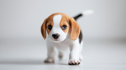 A beagle puppy with a sweet, innocent look, wagging its tail, wanting to play.