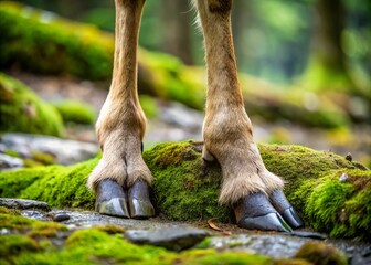 Obraz premium Close-up of a deer's weathered hoof, cracked and worn, with a subtle moss growth, set against a muted