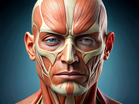 Close-up of a facial muscle area, highlighting the procerus muscle responsible for wrinkling the nose, with subtle brow