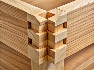 Close-up of a finely crafted wooden dovetail joint, showcasing interlocking triangular tails and pins, highlighting