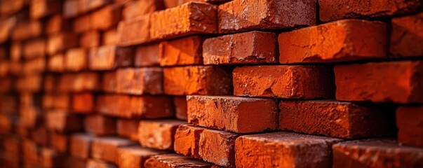 Obraz premium Close-up view of stacked bricks, showcasing texture and color, ideal for construction, architecture, and background use.