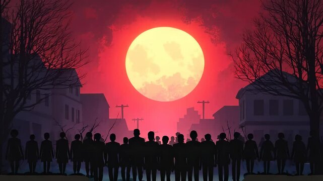 Zombie-infested city streets. Eerie Halloween background. Apocalyptic concept.