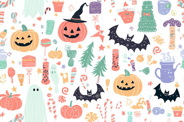 Fototapeta premium Halloween ghosts and pumpkins seamless background
