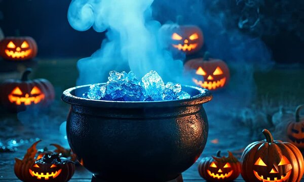 Halloween Cauldron with Blue Smoke and Pumpkins