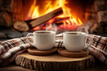 Two hot coffee cups by a cozy fireplace with plaid throw, warm winter or autumn evening vibes