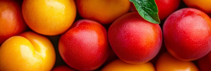  A tight shot of a selection of fruits, one bearing a green leaf atop
