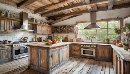 Rustic kitchen with reclaimed wood cabinetry and vintage-style appliances