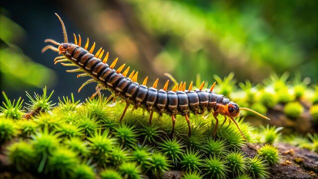 Close-up of a pair of hairy centipedes crawling on a moss-covered rock, their many legs and antennae visible