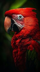Fototapeta premium A red parrot with green leaves attached to its back against a black background