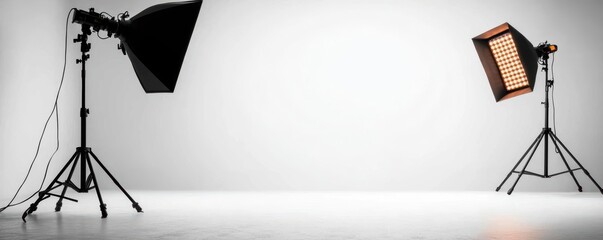 Studio lighting setup featuring softbox and LED light for professional photography or videography.