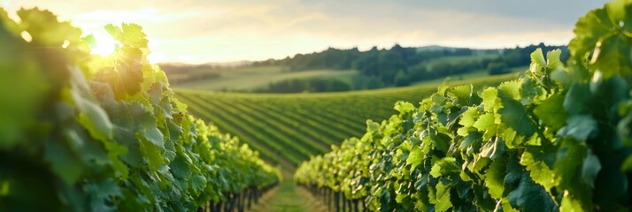  The sun shines through green vines' leaves, foreground of a vineyard with rowed vines